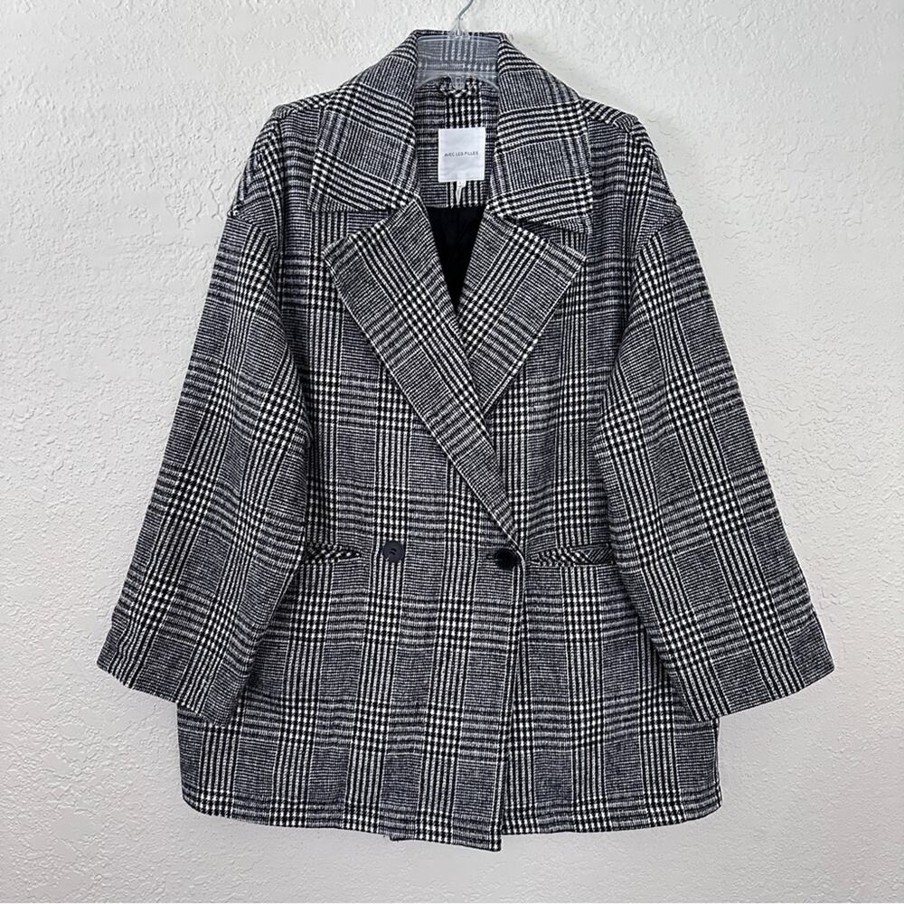 Avec Les Filles Houndstooth Plaid Oversized Coat Black White Large